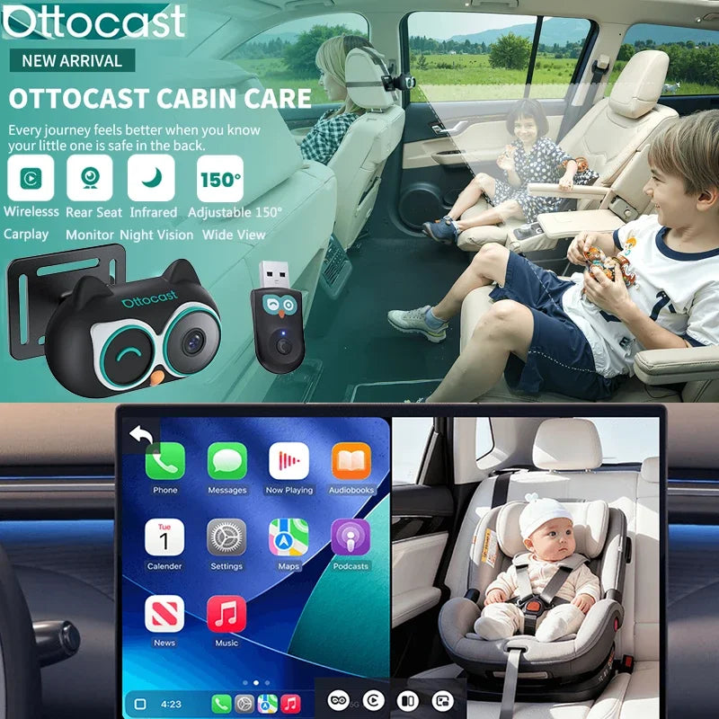 Cabin Care Wireless Carplay Adapter Baby Car Camera for Backseat 1080P 150° Wide Angle Night Vision Back‑Seat Monitor